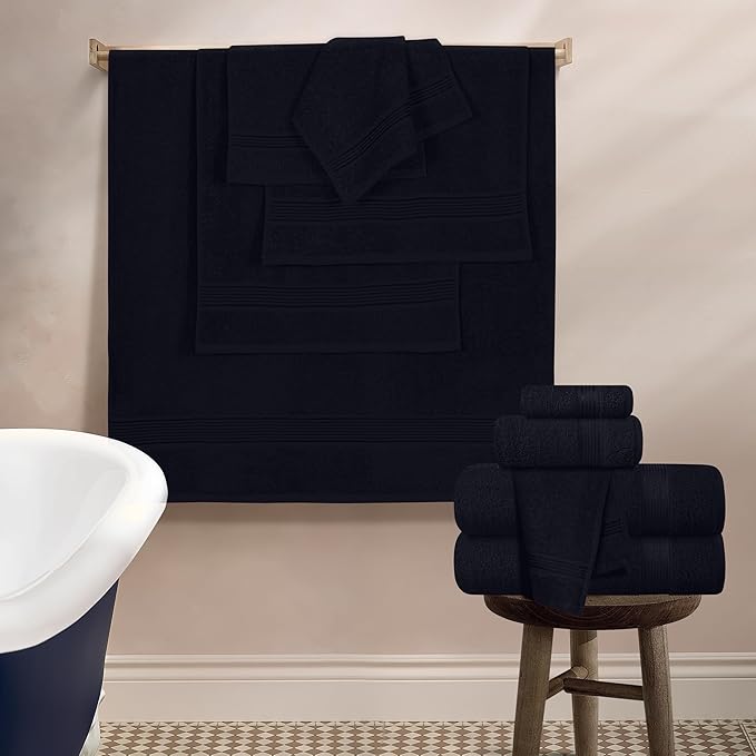 Belizzi Home 100% Cotton Towel Set, Contains 6 Soft Bath Towel, 6 Hand Towels, 12 Wash Cloths - Compact Absorbent Lightweight & Quickdry Towels for Bathroom - 24 Piece Bathroom Towel Set - Black