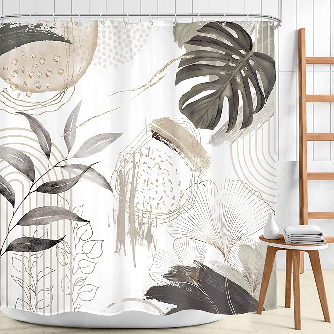 Gray Boho Shower Curtain 72Wx72H Tropical Palm Leaves Bohemian Botanical Abstract Modern Mid Century Bathroom Decor Geometric Plant Minimalist Gray Bath Curtain Fabric Polyester 12 Pack Hooks