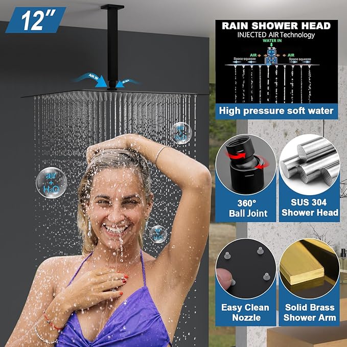 Enga 12 Inch Ceiling Mount Matte Black Shower System with Body Jets Bathroom Luxury Rain Mixer Shower Combo Set Ceiling Rainfall Shower Jets System Faucet Set