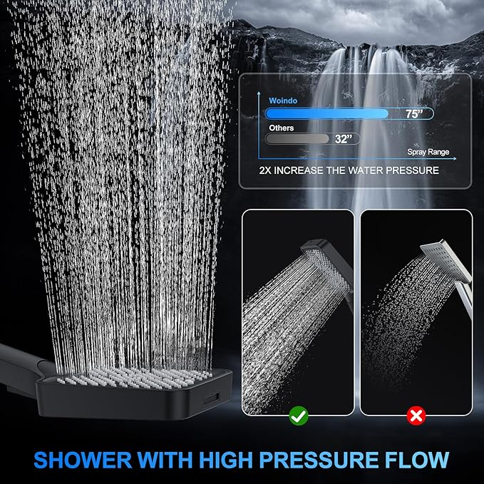 Shower Faucet Set, 10" Ceiling Mount Rainfall Shower System with 10'' Top Head+6'' Side Head and Multi-function Handheld Head Push Button Diverter Shower Faucet Trim Kit Matte Black