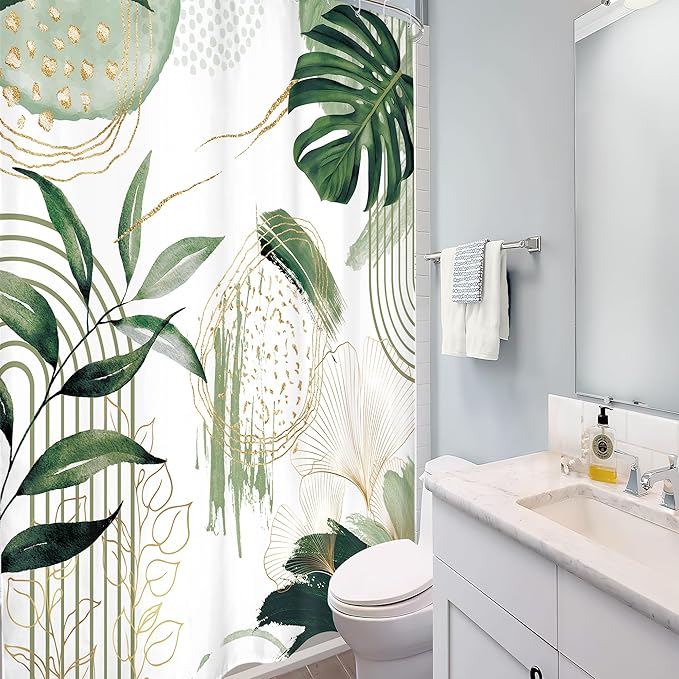 Sage Green Boho Shower Curtain 54Wx78H Small Stall Modern Abstract Mid Century Bohemian Tropical Palm Leaves Geometric Plant Bathroom Decor Botanical Bath Curtain Fabric Polyester 12 Pack Hooks