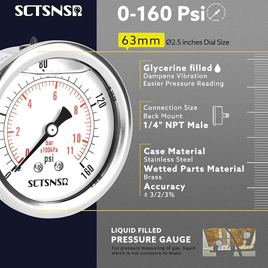 2-1/2" Dial Size, 0-160 Psi Pressure Gauge, Glycerin Liquid Filled, 1/4" NPT - Image 2