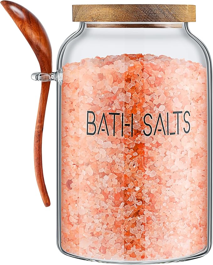 1 Piece 94 oz Bath Salts Glass Jar with Wooden Lid, Bath Salt Container with Scoop, Airtight Storage Bathtub Accessories for Women