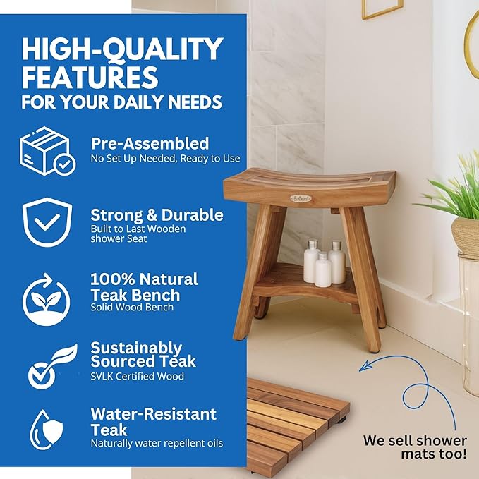 EcoDecors Teak Shower Bench with Shelf 18", 300 lb Capacity – Fully Assembled Waterproof Wood Spa Seating for Adults - Compact Fit for Small Bathrooms & Walk-in Showers - Slip-Resistant Feet