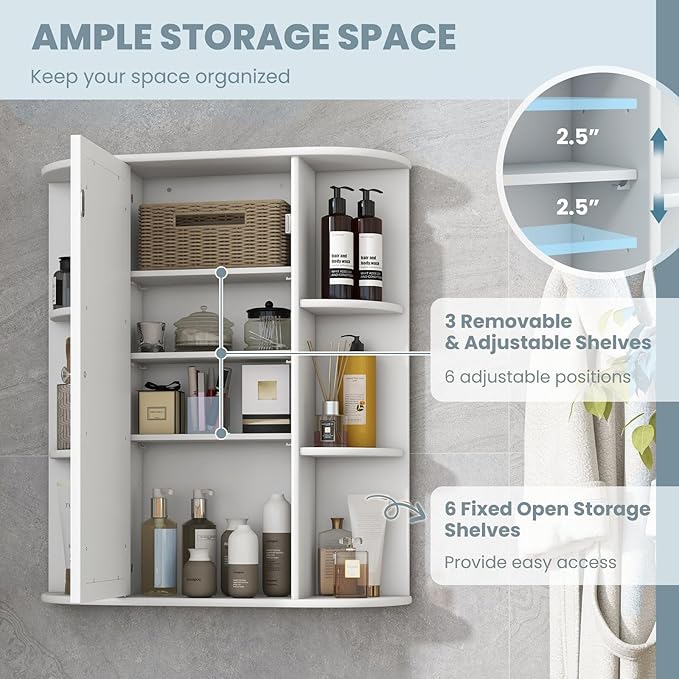 COSTWAY Wall Mounted Bathroom Cabinet, Storage Organizer with Mirror Door, 3 Adjustable Shelves & 6 Open Racks, Space-Saving Hanging Medicine Cabinet for Living Room Kitchen Entryway, White