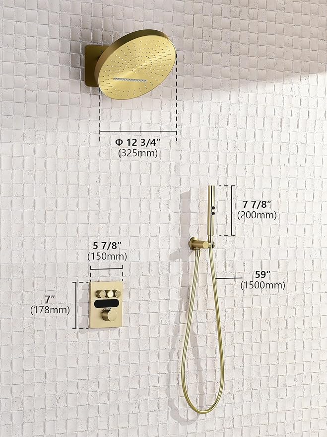 Lefton Shower System in Fahrenheit Display (Battery-free), 13” Overhead Round Rainfall Shower Head with All-in-one Handheld Spray Showerhead, 4-in-1 Control System, SSWM2501 (Brushed Gold)
