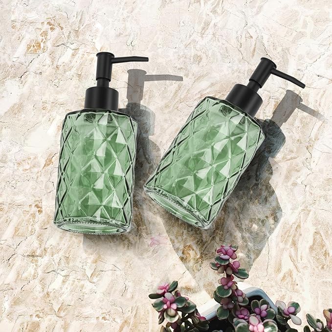 Clear Green Glass Soap Dispenser with Pump, 12oz Diamond Design Hand Soap Dispenser, Refillable Lotion Dispenser & Dish for Dishwashing Liquid, Shower Gel