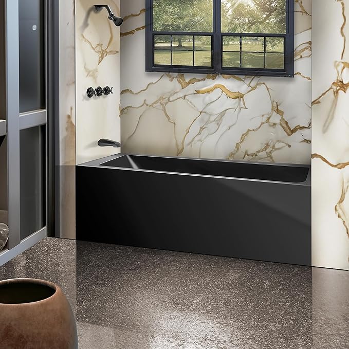Fine Fixtures Acrylic, Fiberglass Alcove Soaking Bathtub with Integral Apron Front in Glossy Black - Left Hand Drain, 60" x 30"