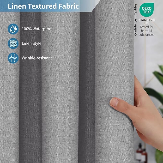 2-in-1 Waterproof Extra Long Fabric Shower Curtain or Liner,Linen Textured,96 Inch Breathable TPU & Washable Bathroom Shower Curtain Set with 12 Plastic Hooks,Modern,72"x96" Grey