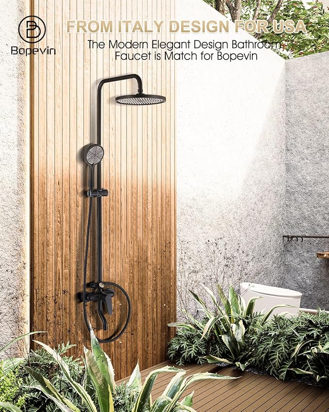 Outdoor Shower, 3 Functions Outdoor Shower Fixture SUS304 Stainless Steel Rain Shower Kit Faucet High Pressure Wall Mount 10 Inch Showerhead and Handheld Spray Combo,Single Handle, Matte Black