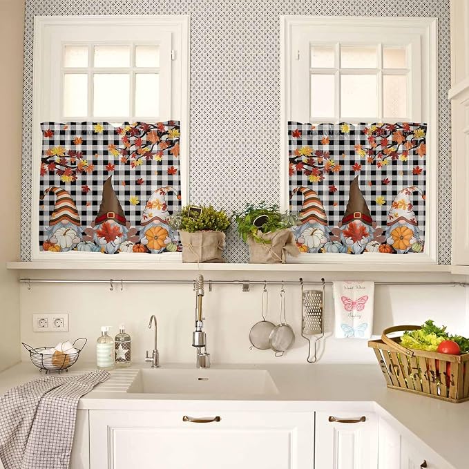 Thanksgiving Gnomes Kitchen Curtain Set, Fallen Maple Leaf Pumpkin Black Plaid - Image 4