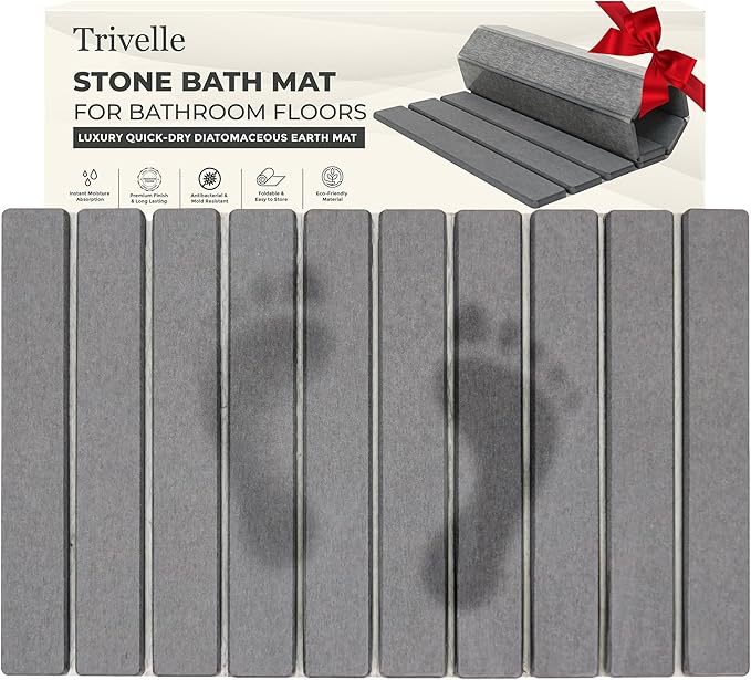 Stone Bath Mat | Extra Large 23.6 X 15.5 Foldable Diatomaceous Earth | Quick Drying Bath Mat | Non Slip Super Absorbent Bathroom Floor Mat | Fast Drying Water Absorbing Stone