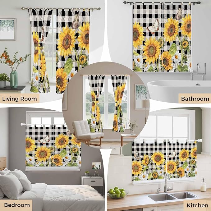 Sunflowers Kitchen Curtains 45 Inch Length, Short Cafe Window Curtains Tab Top - Image 7