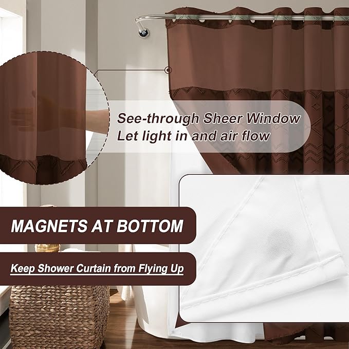 No Hooks Required Boho Farmhouse Shower Curtain Tufted Chevron Striped with Snap in Liner - 72W x 80H, Water Resistant Hotel Grade Spa Like Bathroom Curtain Set, Brown