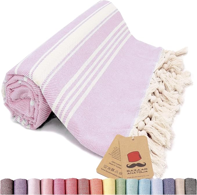 Bazaar Anatolia Turkish Beach Towel – 100% Cotton, Quick Dry, Sand Free Towel for Bathroom, Camping, Travel, Lavender – Oversized 71x39 Inches – Stripe Lilac