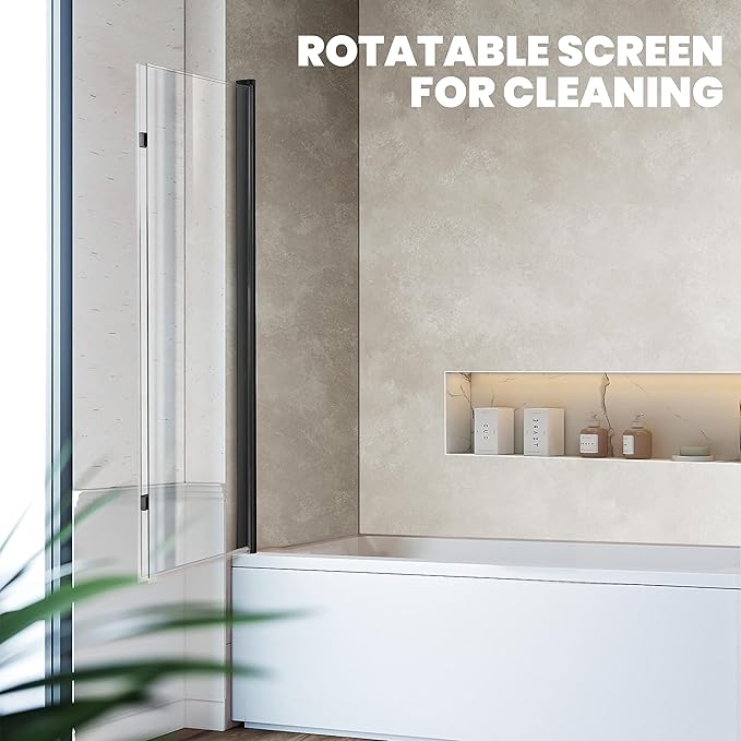 Bathtub Folding Shower Glass Door, 36" W*55" H Pivot H-Type Frameless Tub Shower Door, Clear Tempered Glass Shower Screen Panel for Bathroom, Matte Black