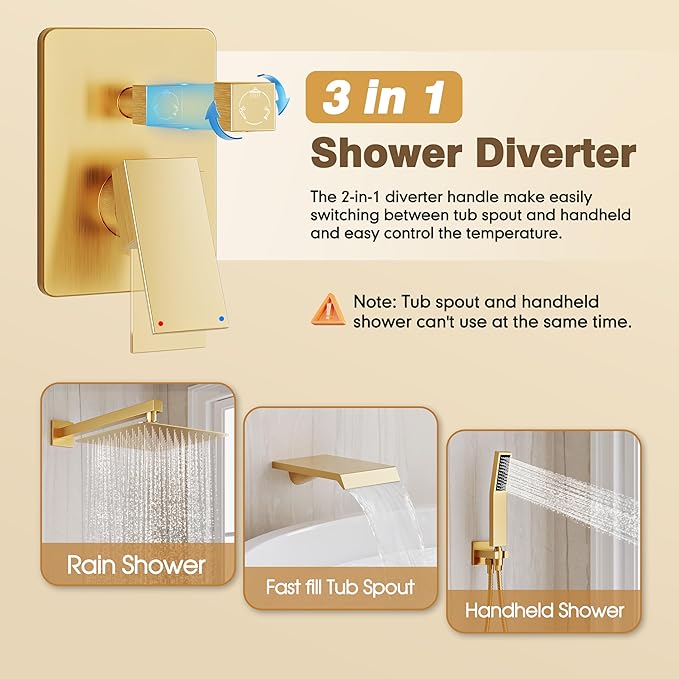 Shower System with Tub Spout, All Metal Tub Shower Faucet Set with 12-Inch Rain Shower Head and Handheld Spray combo, Wall Mounted Shower Combo Set with shower valve and Trim kit,Brushed Gold