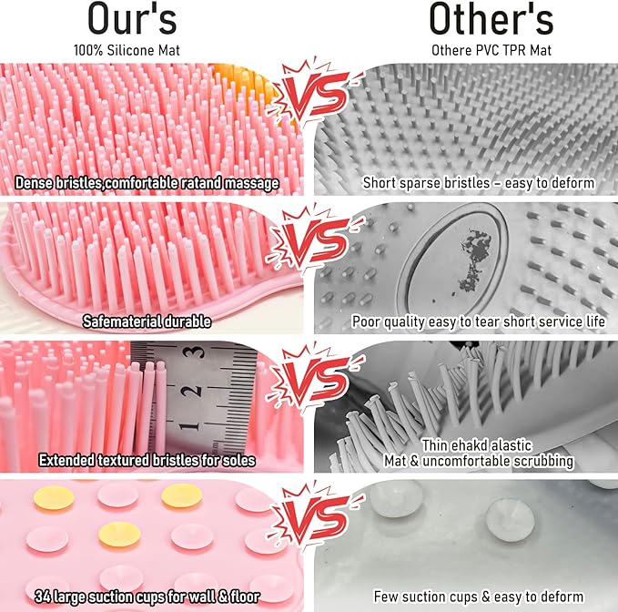 Shower Foot Scrubber Mat Silicone, Back Scrubber Exfoliating Washer Pad Wall-Mounted, Large Feet Clean Message with Suction Cups for Wall Smooth Floor - Extra long & Soft Bristles without Bending Pink