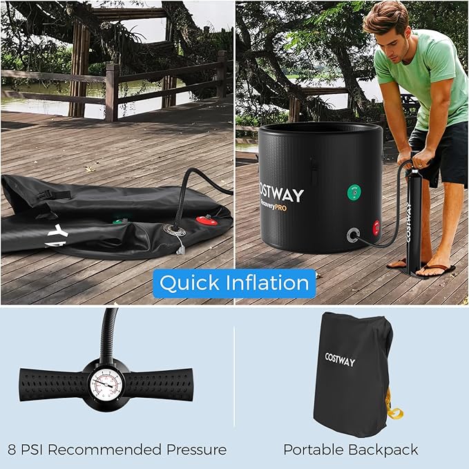 COSTWAY L 79 Gal Oval Ice Bath Tub with Cover, Portable Outdoor Inflatable Cold Plunge Tub with Backpack, Pump, for Cold Therapy, Compatible with Water Chillers, Black