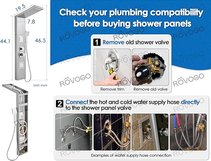 ROVOGO Shower Panel Tower System with Led Lights, Rainfall Waterfall Shower Head, 2 Big Body Jets, Handheld and Tub Spout, Stainless Steel Shower Column Brushed