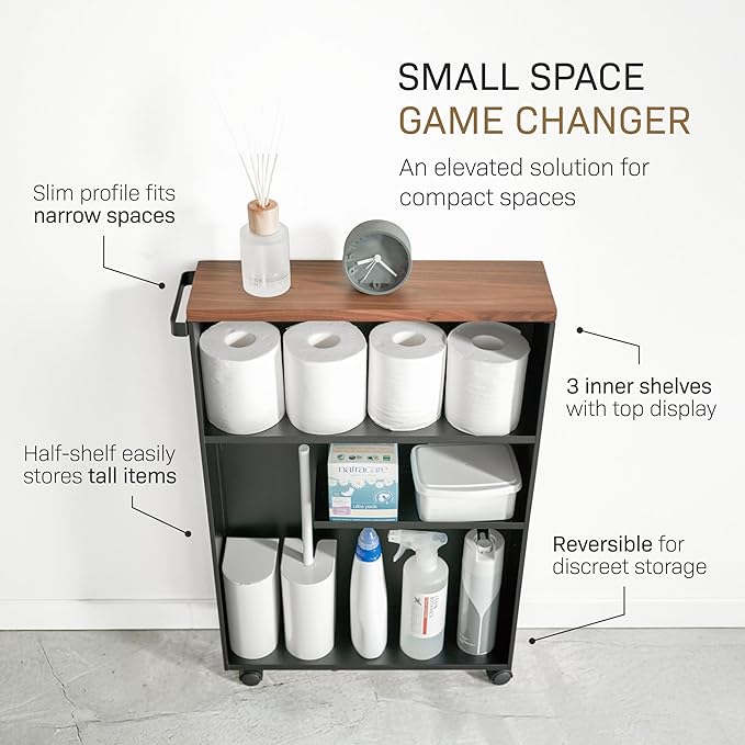 YAMAZAKI Home Slim Rolling Storage Cart – Narrow Bathroom Storage Cabinet with Handle, Slim Bathroom Storage Cart with Wheels, Easy Assembly, Steel + Wood, Black, 27" - Steel -