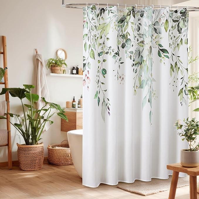 Colorful Star Sage Green Eucalyptus Waterproof Shower Curtain Set with Hooks, Minimalist Watercolor Floral Print Bathroom Décor, Plant Leaves Washable Fabric Shower Curtain, 72 x 84 Inch