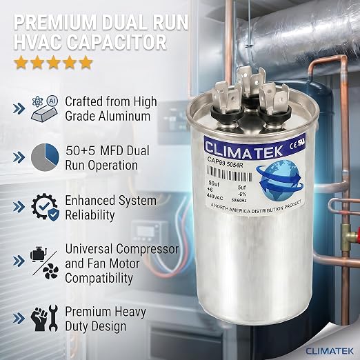 ClimaTek 50 + 5 MFD 370/440 Volt Dual Run Round Capacitor CAP99-5054R | 50/5 VAC - Image 5