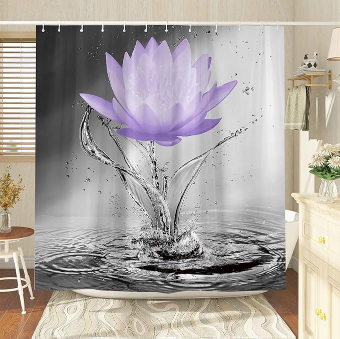 Lotus Shower Curtain Black White Grey Violet Flower Elegant Blooming Floral with Dew Spring Flower Reflection on Water Modern Romantic Polyester Fabric Bathroom Decor 108×70 Inch with Hook