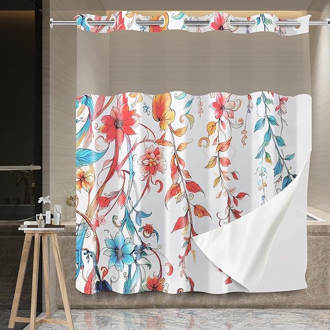 Hookless Shower Curtain with Snap-in Liner Set, Floral, Vibrant Watercolor Fabric, See Through Sheer Window, Washable, 3 Magnet Weights, No Hook, Waterproof, Boho Farmhouse, Standard Size
