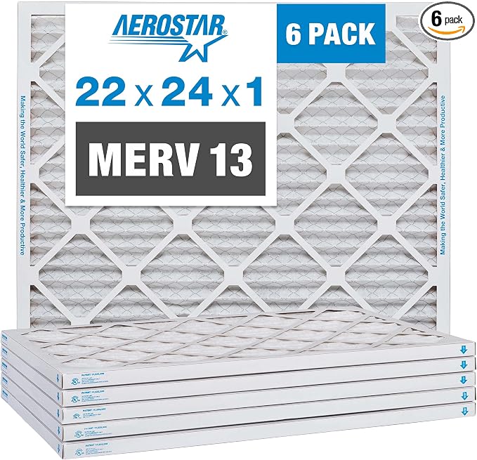 Aerostar 22x24x1 MERV 13 Pleated Air Filter, AC Furnace Air Filter, 6 Pack by AirFiltersDelivered