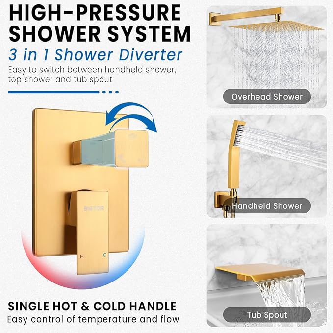 Wall Mounted Shower Faucet Set, Shower System with Tub Spout, 12 Inch Rainfall Shower Head with Handheld Spray, Waterfall Tub Spout Bathtub Faucet, Brushed Gold