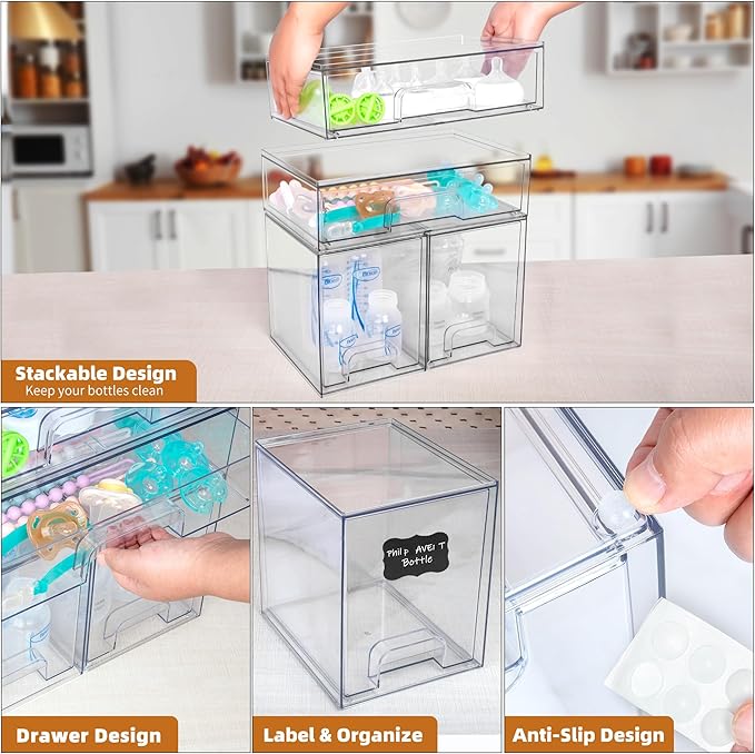 Baby Bottle Organizer, 5 Pack Stackable Storage Drawers with Labels, Clear Station Organizers Container for Pacifiers, Pump Parts, Desk Organizer Bins for Bathroom, Cabinet, Pantry, Vanity, Countertop