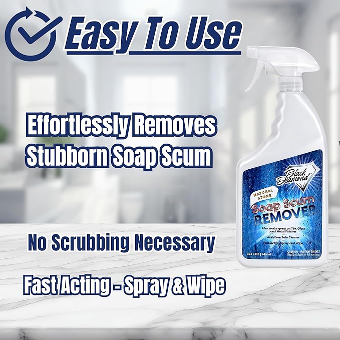Black Diamond Stoneworks Natural Stone Shower Soap Scum Remover Spray. For Cleaning Bathtubs, Glass Doors, Tubs, Travertine, Marble, Tile. Heavy Duty, Safe Acid-Free Cleaner. Safe for fixtures.