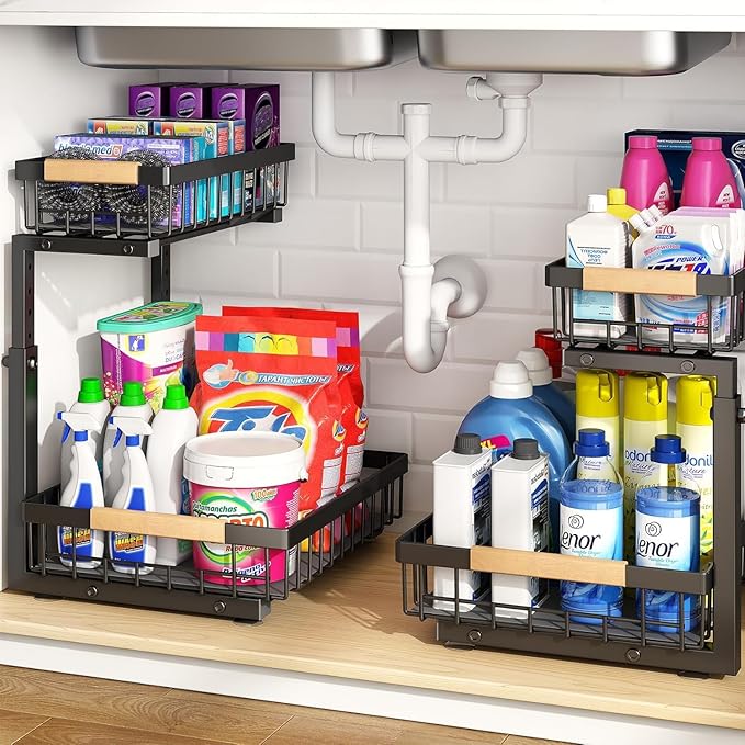 PXRACK 1 Pack Under Sink Organizer,Adjustable Height,2 Tier Pull Out Under Cabinet Organizer,Slide Out Thickened Metal Under Sink Storage for Kitchen Bathroom Laundry Cabinet Pantry,Black(S)