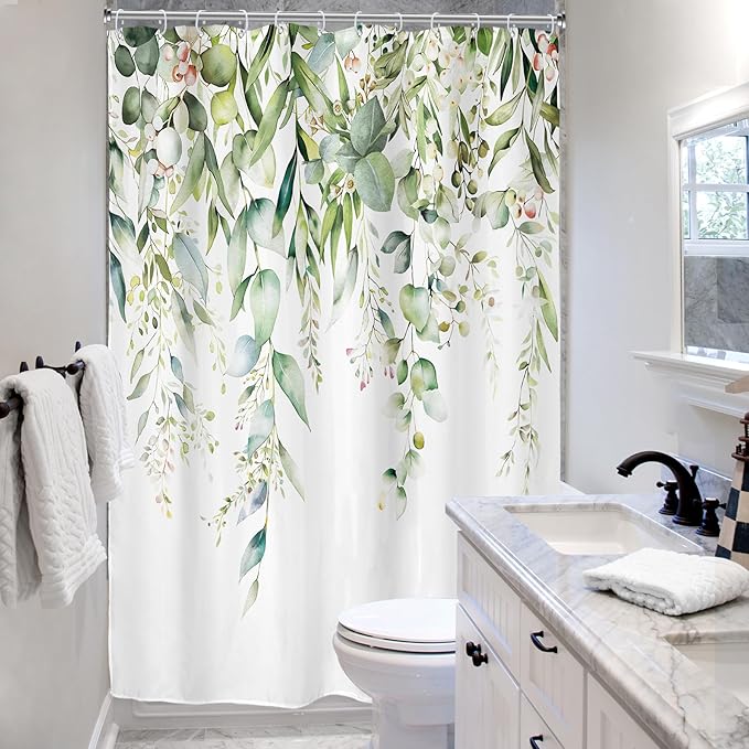 Riyidecor Extra Long Eucalyptus Leaves Shower Curtain for Bathroom Decor 72Wx96H Sage Green Botanical Plants Spring Leaf Floral Herbs Art Printed Fabric Polyester Waterproof 12 Pack Plastic