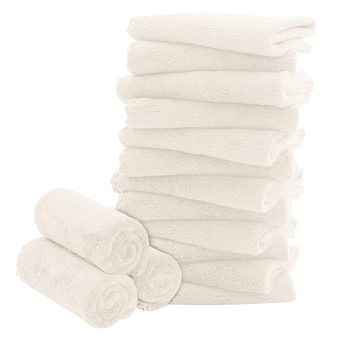 16 Pack Baby Washcloths - Luxury Coral Fleece - Extra Absorbent and Soft Wash Clothes for Newborns, Infants and Toddlers - Suitable for Sensitive Skin and New Born - Baby Shower - Cream, 10x10 Inch