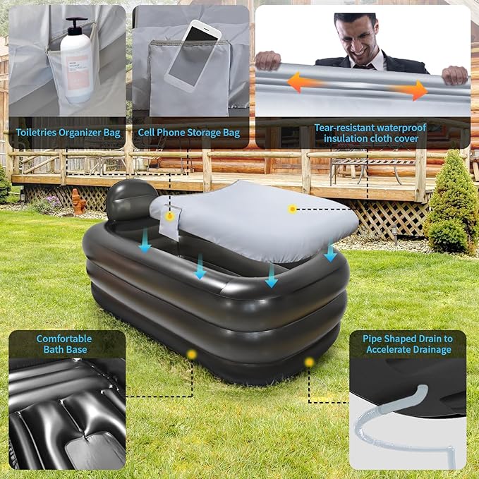 Portable Bathtub for Adults with Cover - Ice Bath & Hot Tub for Athletes Recovery, Home SPA - Large Inflatable Bathtub 62.2x37.4x17.72in, Includes Pump, Easy Inflate & Drain