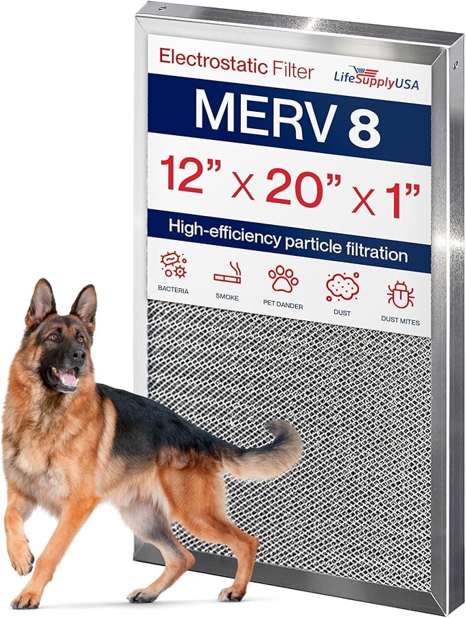 12x20x1 Electrostatic Air Filter, MERV 8, Reusable Furnace AC/HVAC Filter by LifeSupplyUSA