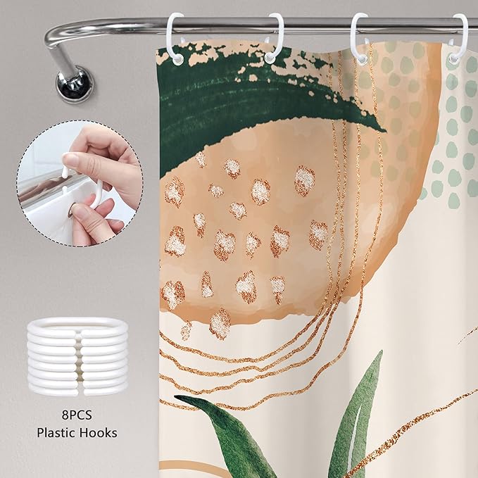 Boho Shower Curtain 48Wx72H Small Stall Narrow Abstract Mid Century Tropical Green Leaves Plant Palm Modern Geometric Arch Bathroom Decor Botanical Bath Curtain Fabric Polyester 8 Pack Hooks