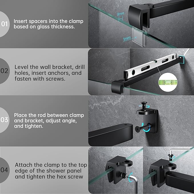 Frameless Shower Door Support Bar, Stainless Steel Wall-to-Glass Support Arm to Fixed Shower Glass Panel, for 1/4"-3/8" (6-10 mm) Door, 180° Pivot & Stow-Flat Mode (Matte Black, 19.7-inch(500mm))