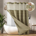 No Hooks Shower Curtain with Snap-in Liner, Taupe Boho Fabric Tufted Chevron Striped Textured Shower Curtains for Bathroom, Water Repellent Hotel Quality Luxury Shower Curtain, 72Wx74H