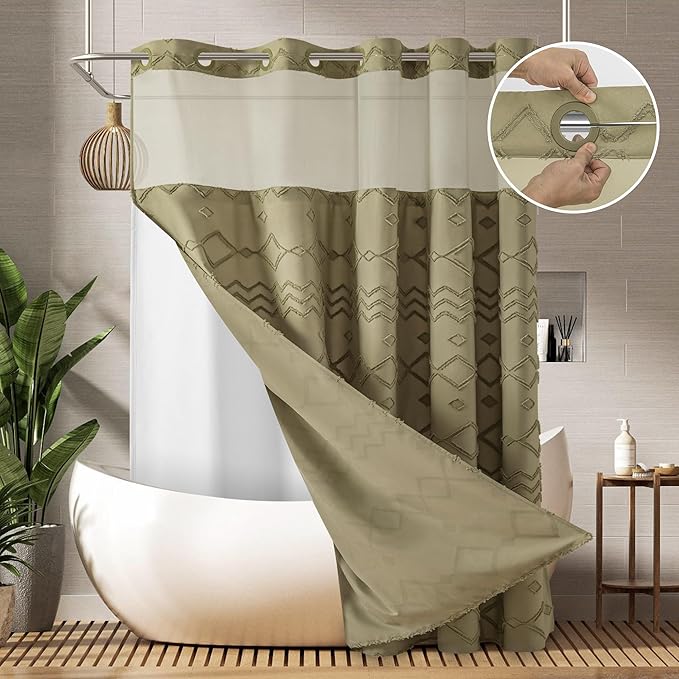 No Hooks Shower Curtain with Snap-in Liner, Taupe Boho Fabric Tufted Chevron Striped Textured Shower Curtains for Bathroom, Water Repellent Hotel Quality Luxury Shower Curtain, 72Wx74H