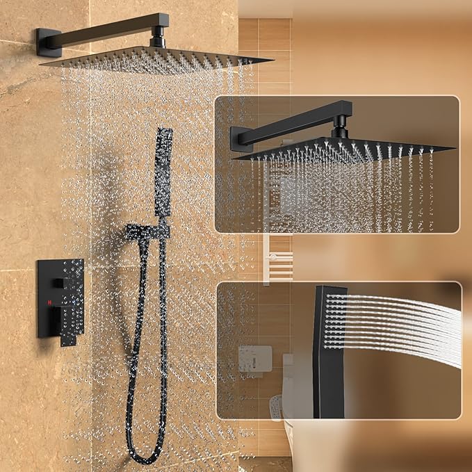 Shower System Wall Mounted 10 inch Shower Overhead for Bathroom,Rain Shower Combo Set with Handheld Spray,Luxury Rainfall Shower Head Rough-in Valve and Trim Included(Matte Black)