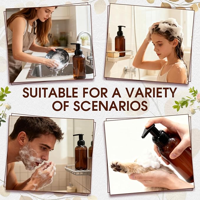 Uiifan 16 Pcs 10 oz Amber Foaming Soap Dispenser Refillable Foam Pump Bottle Liquid Plastic Container for Kitchen Bathroom Commercial Concentrated or Regular Shampoo Body Wash Dish Liquid Soap