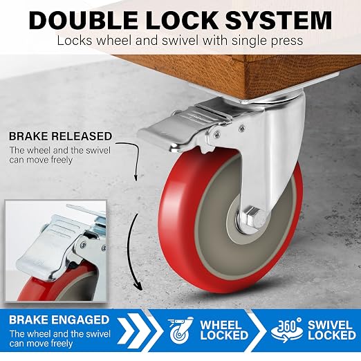 5 Inch Caster Wheels Heavy Duty Casters Set of 4 Lockable Cart Wheels - Image 5