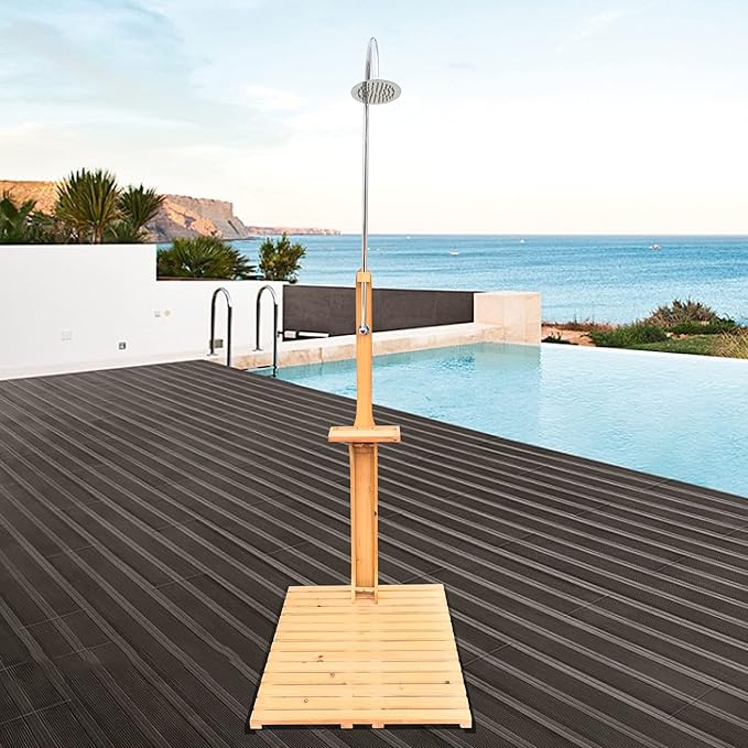 Outdoor Shower, Solid Wood Outdoor Shower and Steel Construction Height-Adjustable Shower Head, Connect Easily to Any Hose, Easy to Assemble Outdoor Shower Kit for Garden, Backyard, Pool