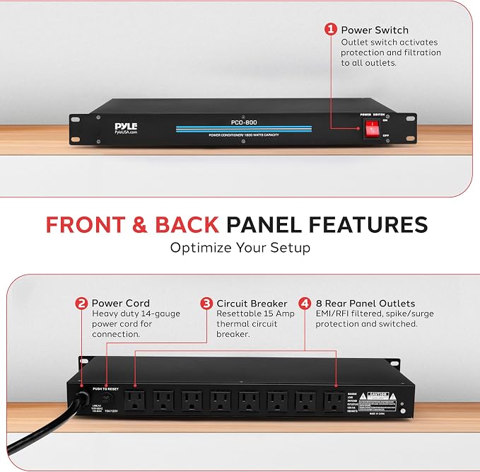 Pyle 1800W 8-Outlet Rack Mount Power Conditioner - 15 Amp Surge Protector - - Image 3
