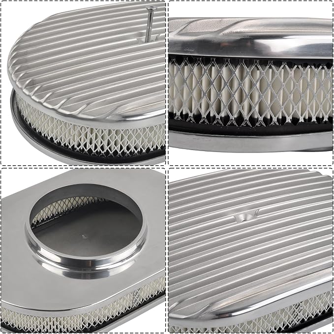 12" Air Cleaner Kit Polished Aluminum Classic Nostalgia Oval Fully Finned - Image 3