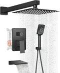 Shower Faucet Set Complete Matte Black Shower System with 10 inch Square Rainfall Shower Head 3-Function Handheld Shower Waterfall Bathtub Spout Rain Shower Combo Set Bathroom Wall Mounted
