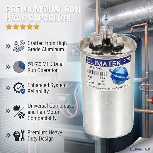 ClimaTek 50 + 7.5 MFD 370/440 Volt Dual Run Capacitor CAP99-5074R | 50/7.5 | VAC - Image 5